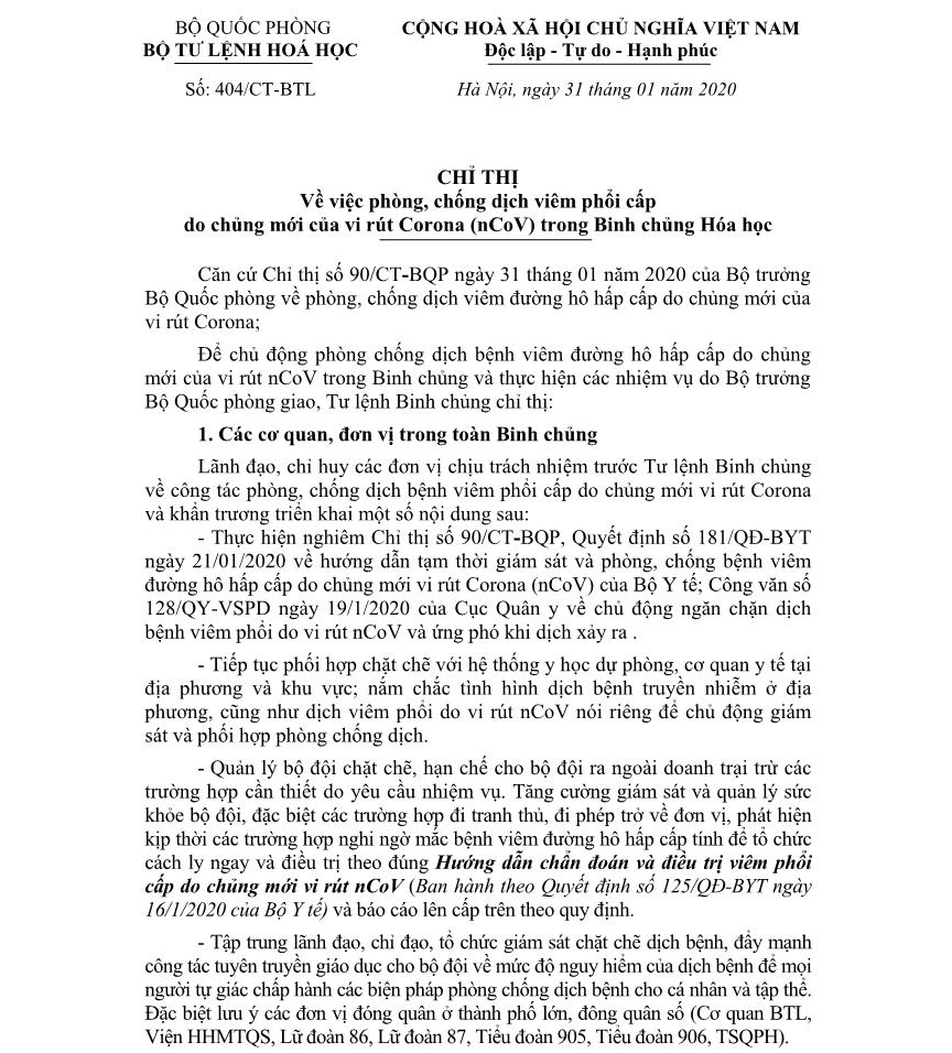 Chỉ thị về việc phòng, chống dịch viêm phổi cấp do chủng mới của vi rút Corona (nCoV)