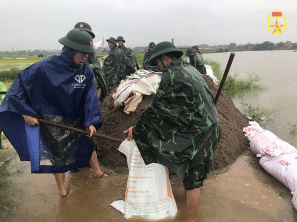 Tiểu đoàn 905 huy động cán bộ, chiến sĩ tham gia đắp đê ngăn lũ cứu lúa