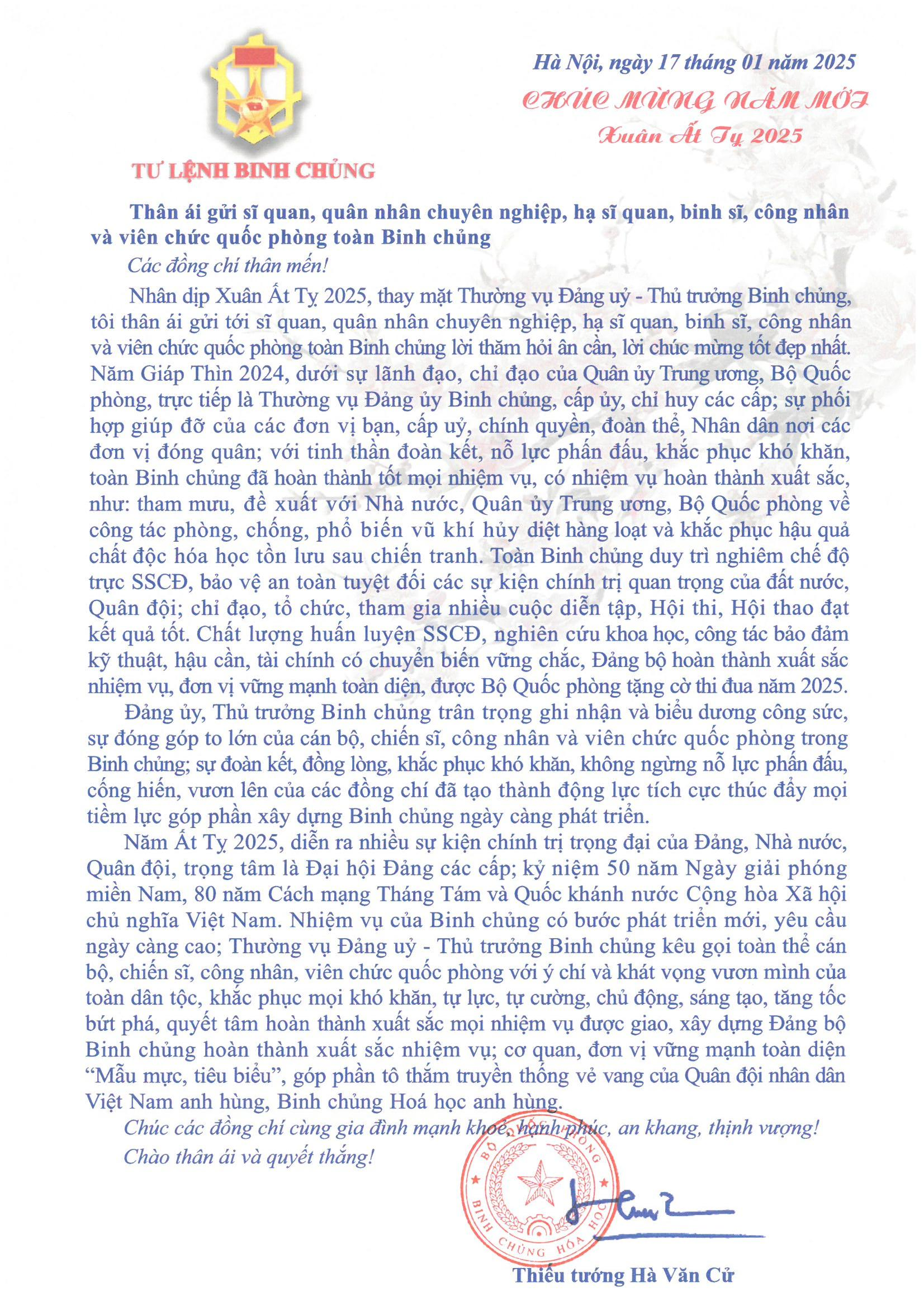 Thư chúc Tết Ất Tỵ 2025 của Tư lệnh Binh chủng