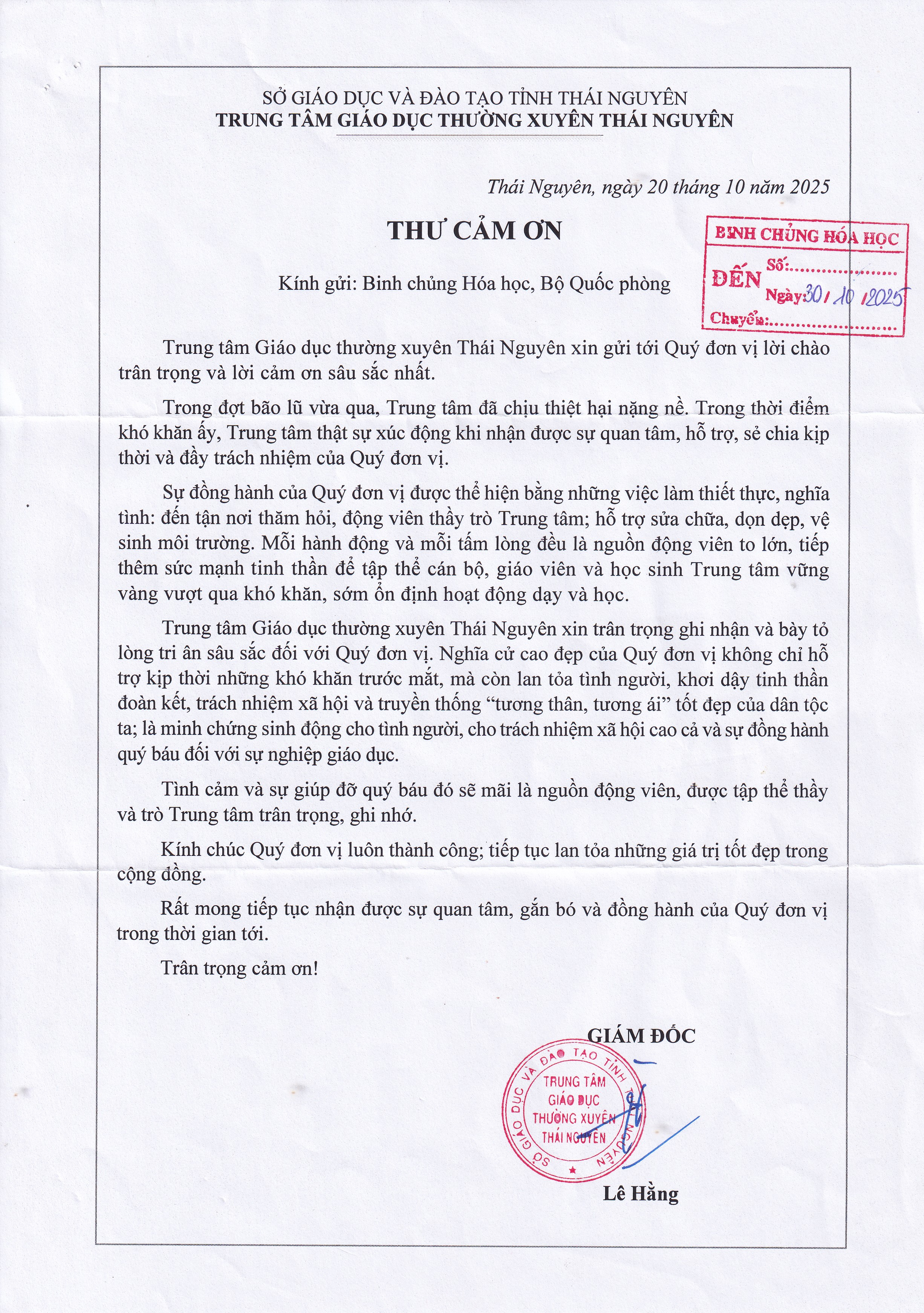 THƯ CẢM ƠN của Trung tâm giáo dục thường xuyên Thái Nguyên